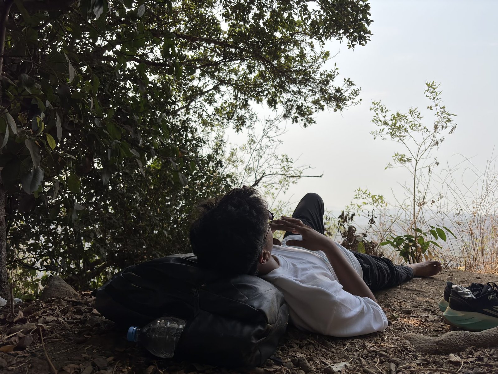 Trekker resting under a tree at the summit with hazy valley views